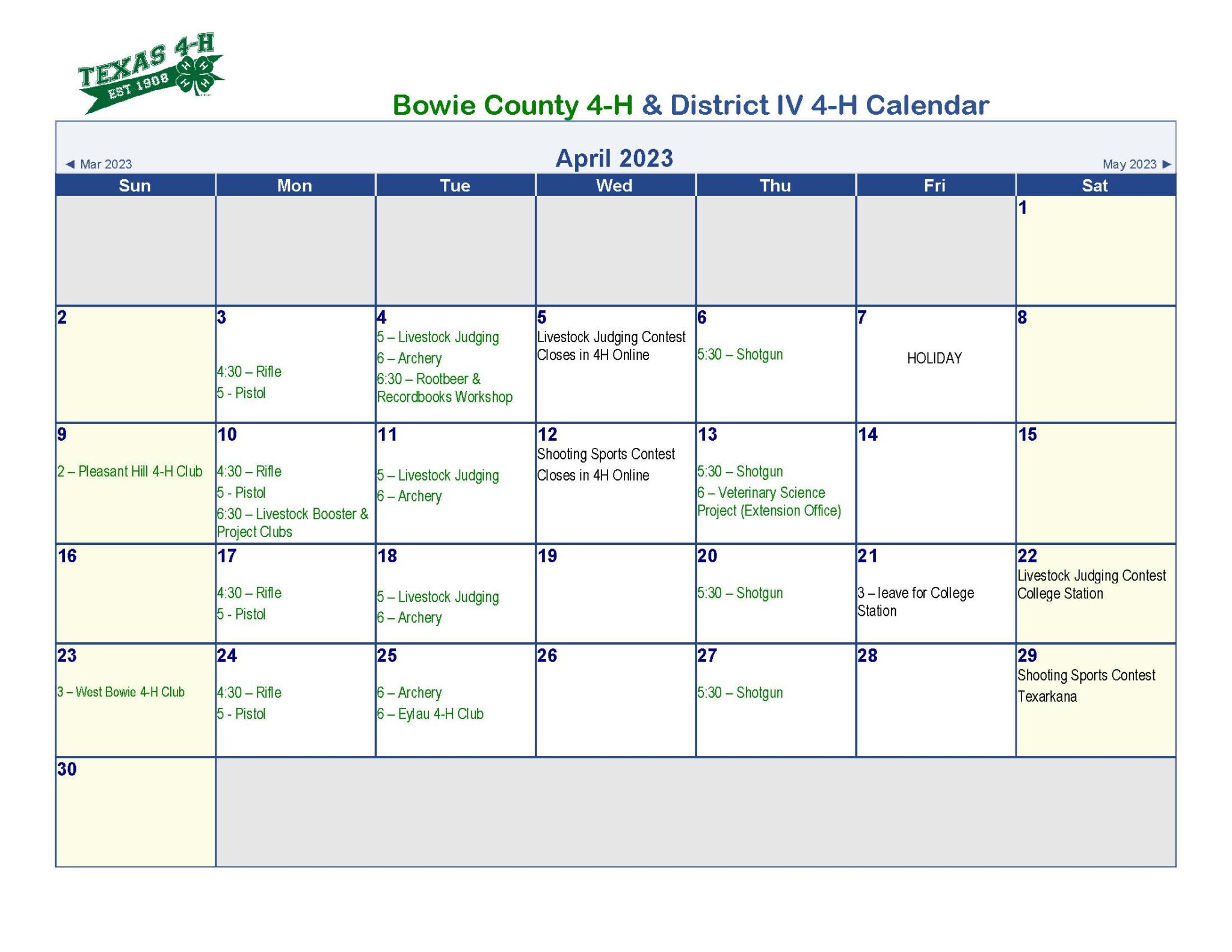 Bowie County 4H Calendar Bowie